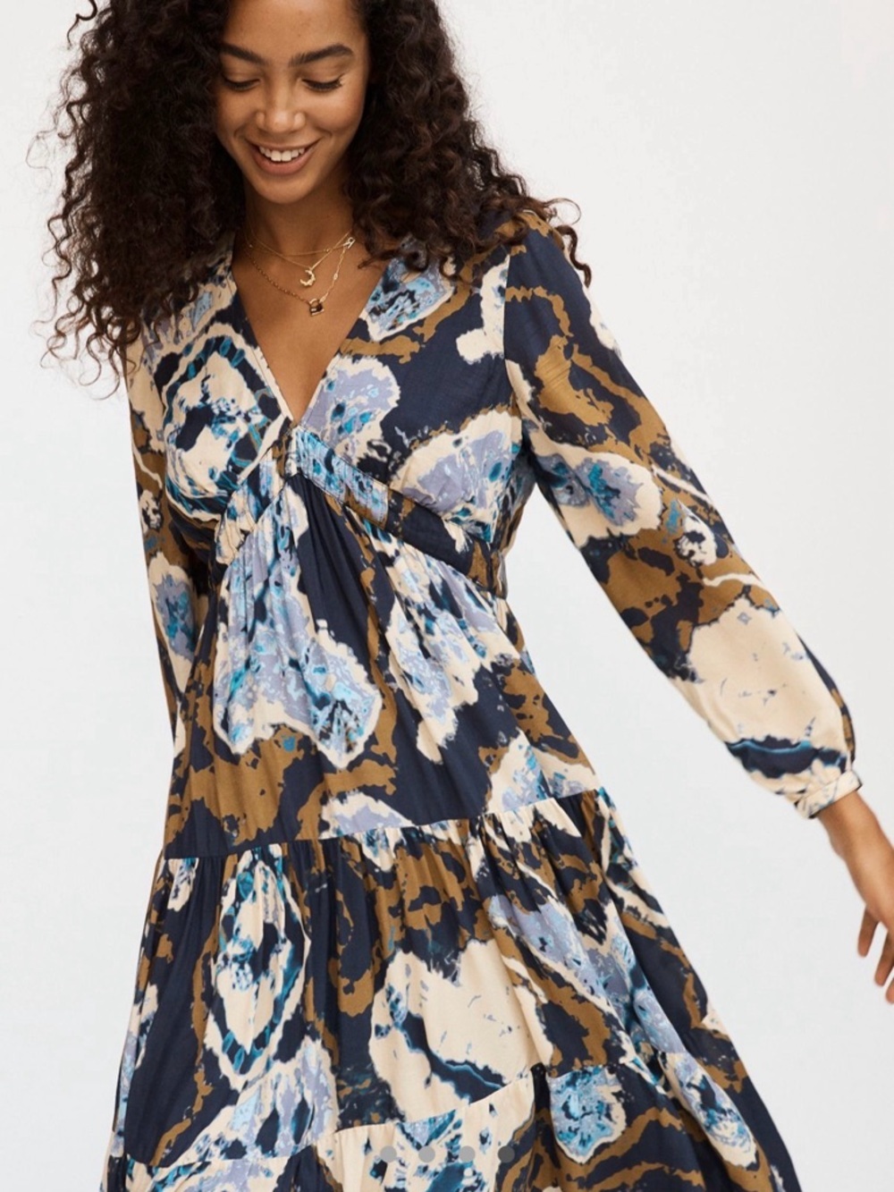 Anthropologie Printed V-Neck Long Sleeve Dress in Navy, Beige and Blue